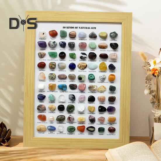 Коллекция из 80 натуральных драгоценных камней. Выставочный набор из хрустальной руды. Коллекционные драгоценные камни в деревянной рамке. Образовательный подарок для детей, любителей драгоценных камней.