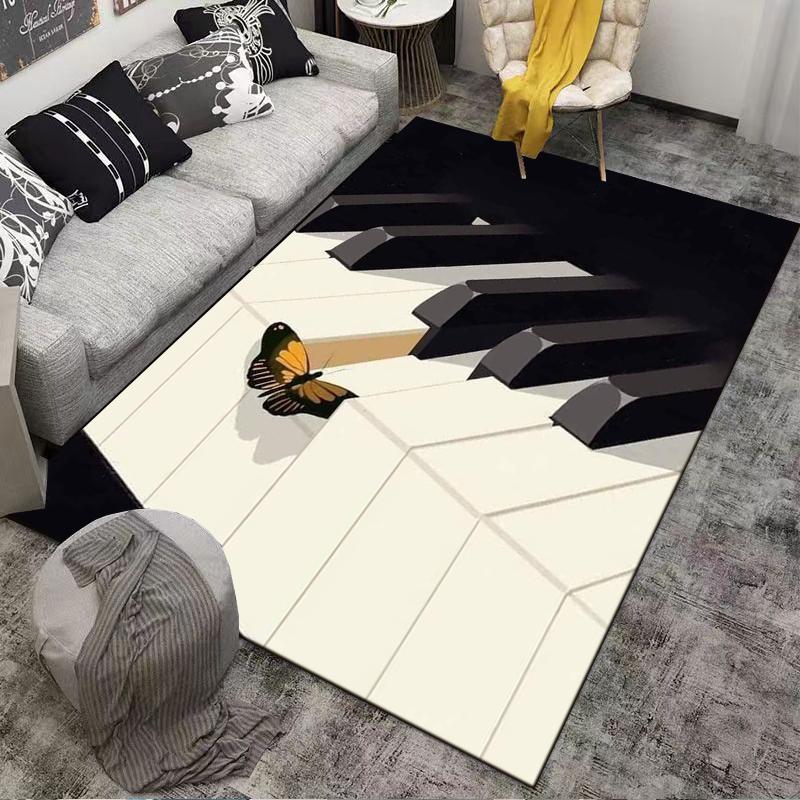 Butterfly on Piano Key Print Carpet, Black and White Music Decor Suitable for use as an anti-slip for living room bedroom sofas
