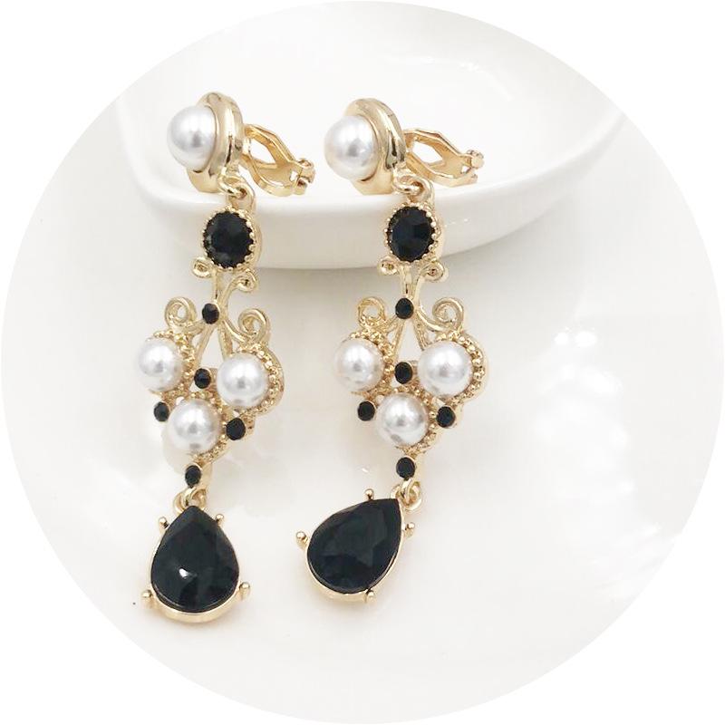 Vintage Long Rhinestone Ear Clips Without Ears Hole Earrings Temperament Crystal Pearl Clip on Earrings for Women Wedding Party
