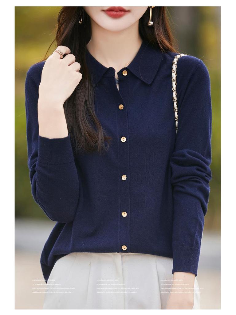 Женский трикотажный кардиган из мериносовой шерсти с воротником поло - Тонкое пальто-свитер, омолаживающее