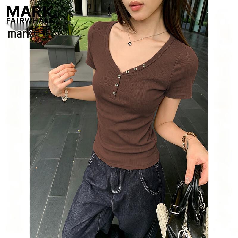 MARK FAIRWHALE Women's V-Neck Ribbed Button Slim-Fit T-Shirt
