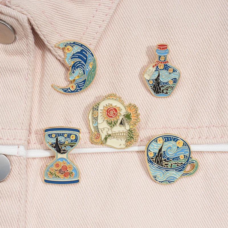 Classic Oil Painting Created By Van Gogh Enamel Pins Starry Moon Night Sunflower Waves Brooches Lapel Badge Art Painting Jewelry