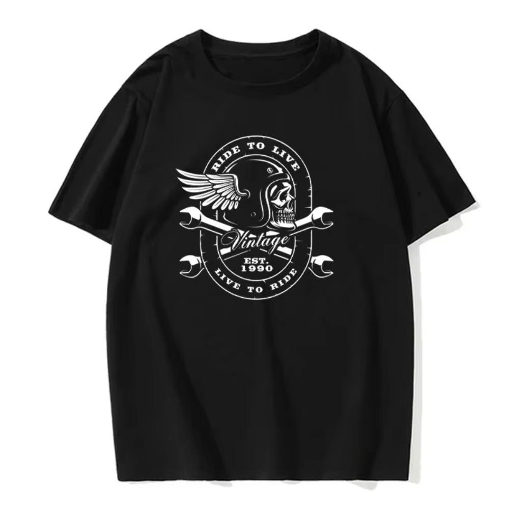 Summer Men's Skull Mechanic Printed T-shirt Punk Street Hip-hop Round Neck Short-sleeved T-shirt Men's Tops Trendy New Style