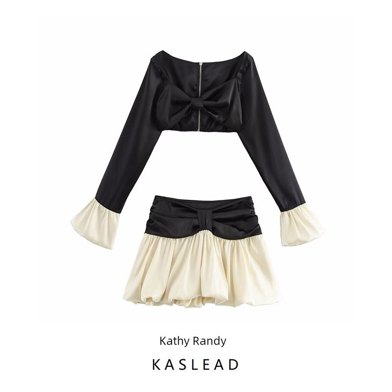 Kaslead New Arrival Women's Fashion Style Fashion Colorblock Long Sleeves Short Top Skirt Outfit