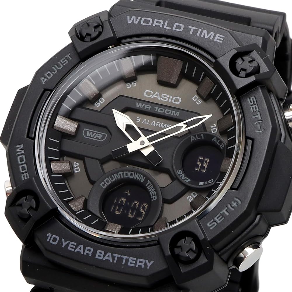 Casio World Time Telememo Analog Digital Quartz Watch AEQ-120W-1BV Men's Black Reverse LCD Overseas Model