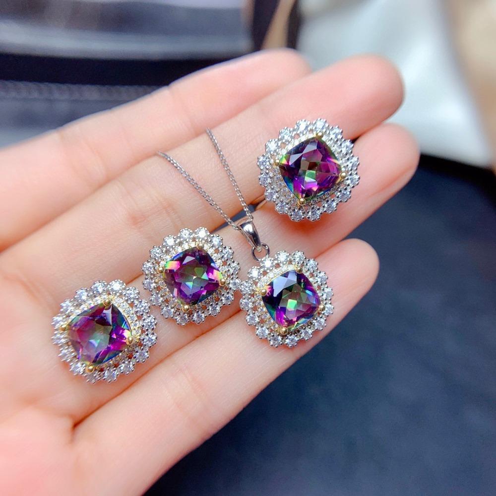 Imitation Natural Crystal Jewelry Set Women Sky Blue Topaz Necklace Ring Earrings Pendant