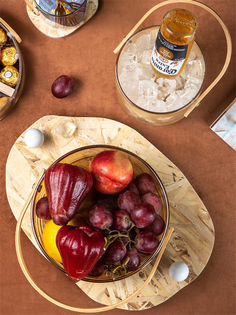 Переносная прозрачная стеклянная тарелка для фруктов | Ведро для ледяного вина | Салатница | Корзина для хранения закусок с деревянной ручкой