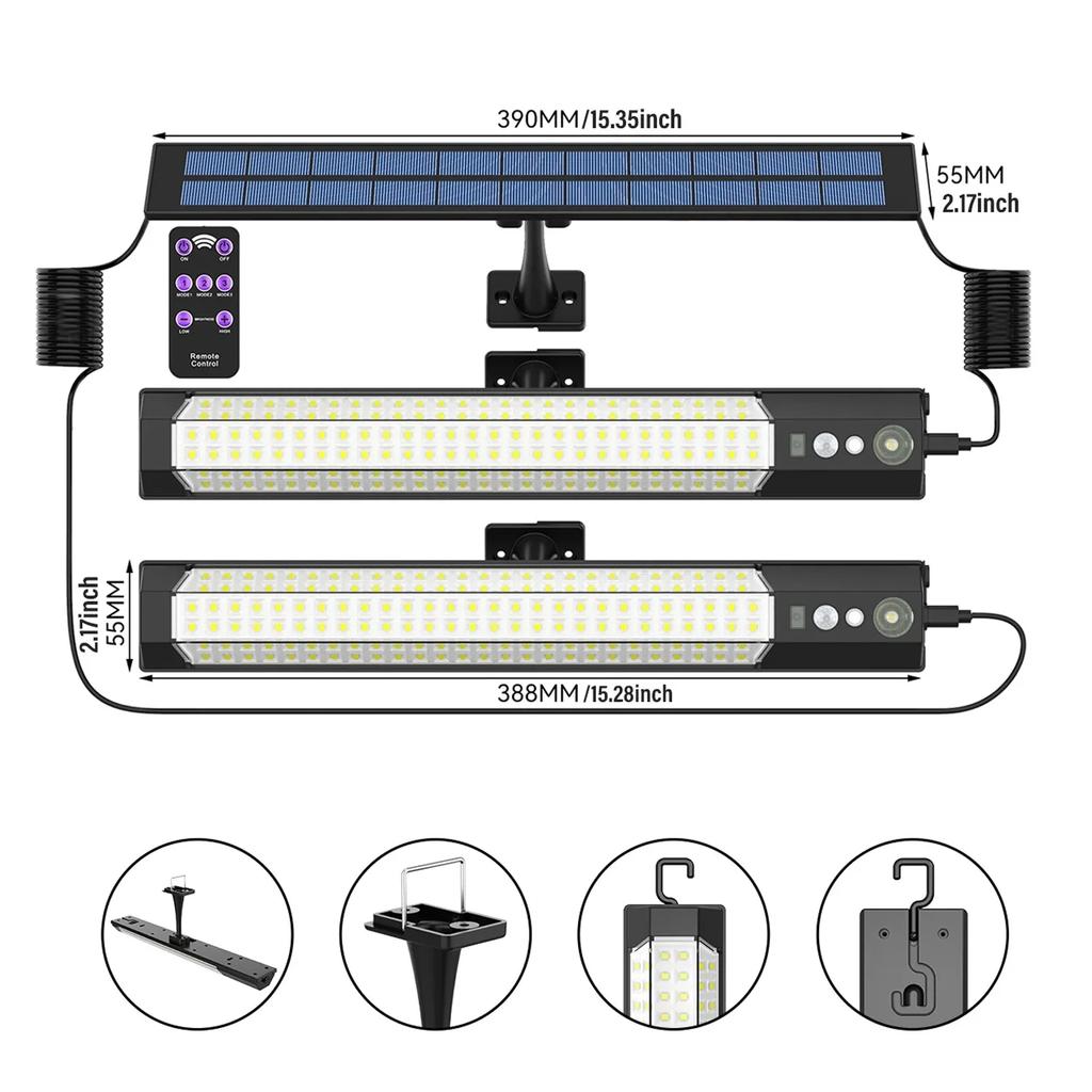 Solar Wall Light Motion Sensor Hanging Lights USB Charging Indoor Outdoor for Garage Garden Emergency Lighting with Remote