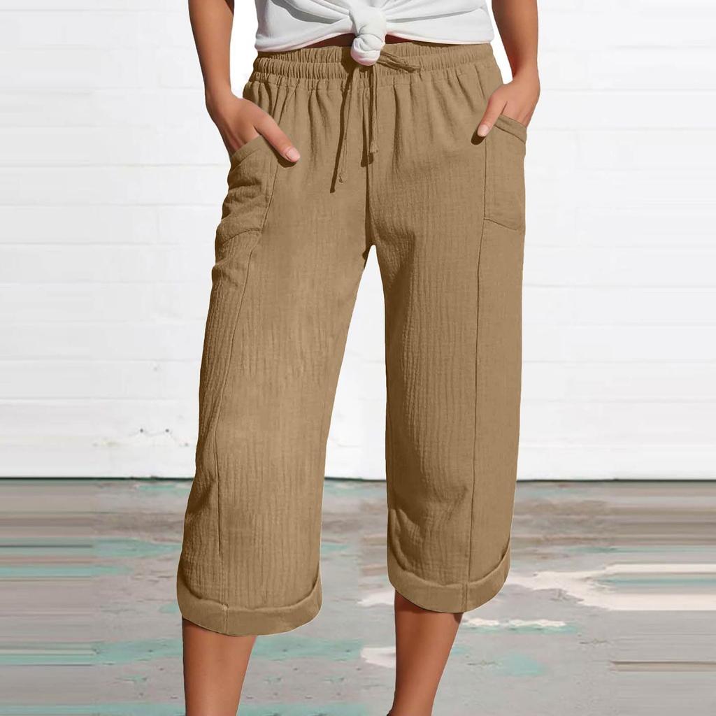 Women's Summer 3/4 Trousers Summer Trousers With Pockets Causal Loose Trousers Fabric Trousers Sport Leisure Beach Trousers