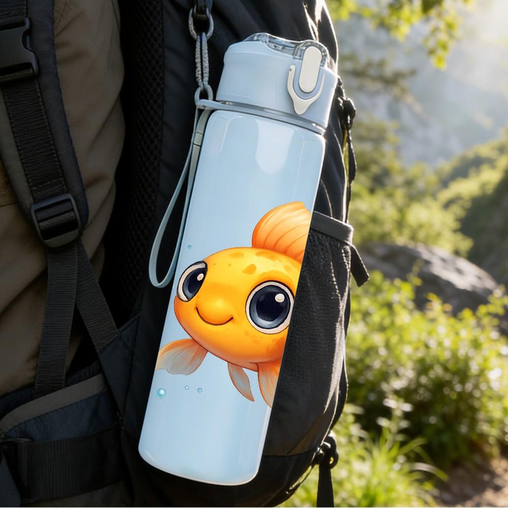 1PC Cute Goldfish Orange Cartoon Print 750ml Color Plastic Sports Water Bottle Leakproof Flip Straw Lid Suitable for Sports Office Home Use