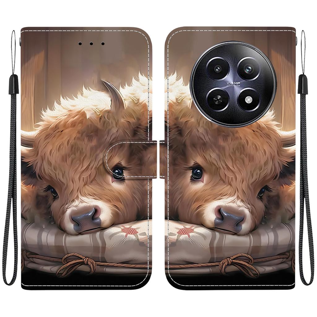 Чехол-книжка из искусственной кожи ручной работы для Realme 12 (5G/RMX3999) Противоскользящий ударопрочный чехол с ремешком на запястье и дизайнами в виде сердец/роз и кошек