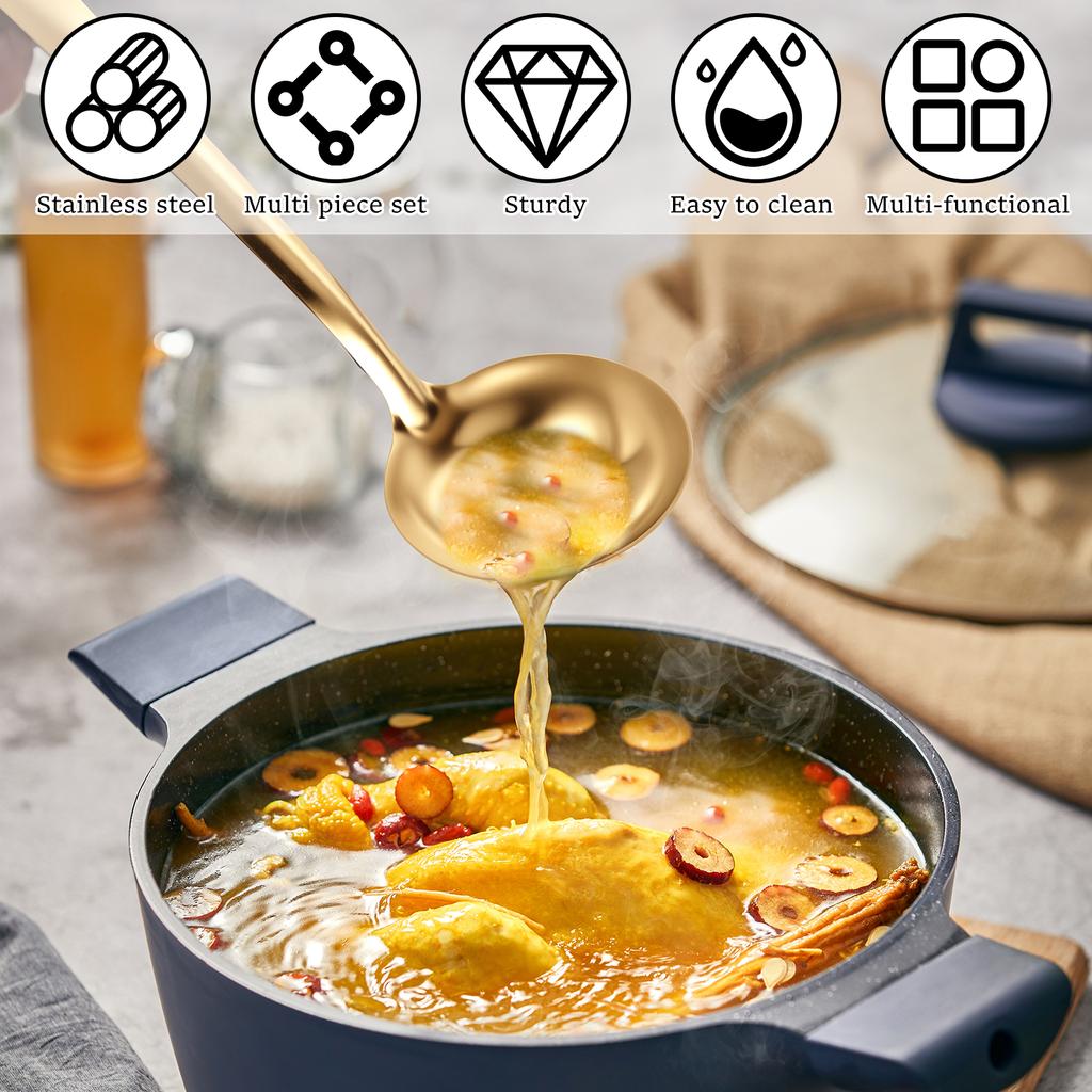 Набор кухонной утвари из 6 предметов, набор ложек и лопаток из нержавеющей стали, набор кухонных принадлежностей с отверстием для подвешивания для посуды с антипригарным покрытием