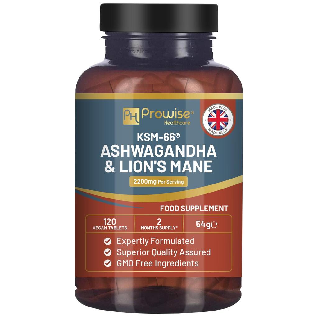 KSM-66 Ashwagandha and Lions Mane Tablets - High Strength 2200mg | KSM-66 Ashwagandha Root Extract and Lions Mane Mushroom Extract