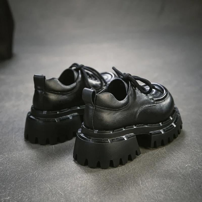 Johnature Женские туфли-лодочки на толстой подошве с круглым носком и шнуровкой в британском стиле, из натуральной кожи, универсальные, на высоком каблуке