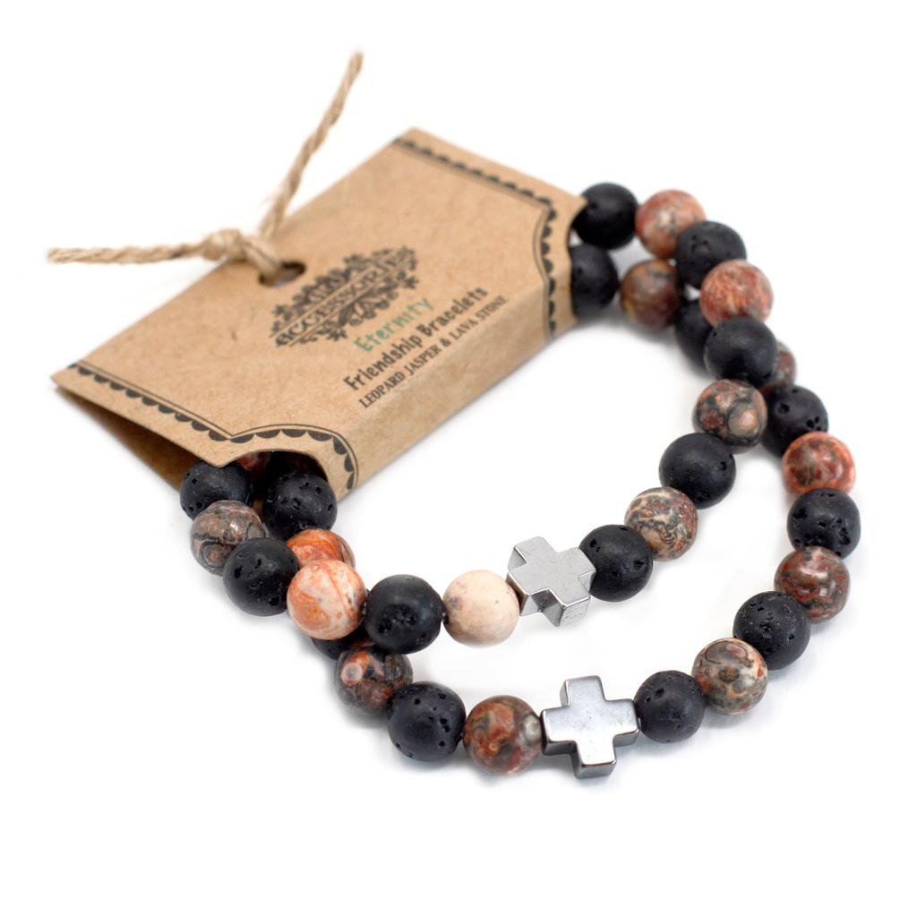 Couples Bracelets Pair Leopard Skin Jasper Lava Stone