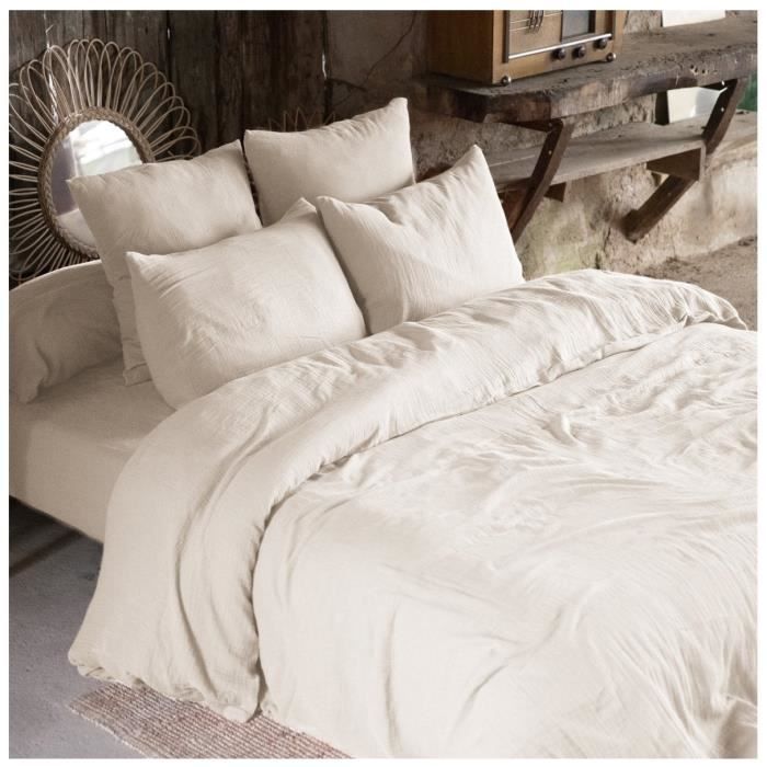 Housse De Couette - Gaia - Beige - 200 X 200 Cm - 100% Gaze De Coton - Lavable À 40°