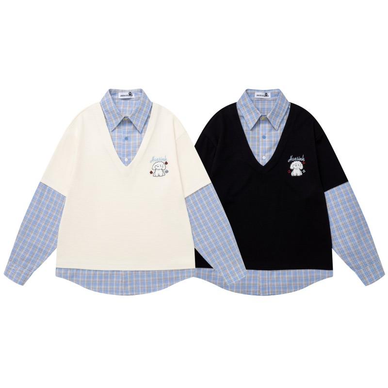 Korean Style Dog Embroidery Plaid Patchwork Oversized Waffle Knit Polo Shirts Men Women