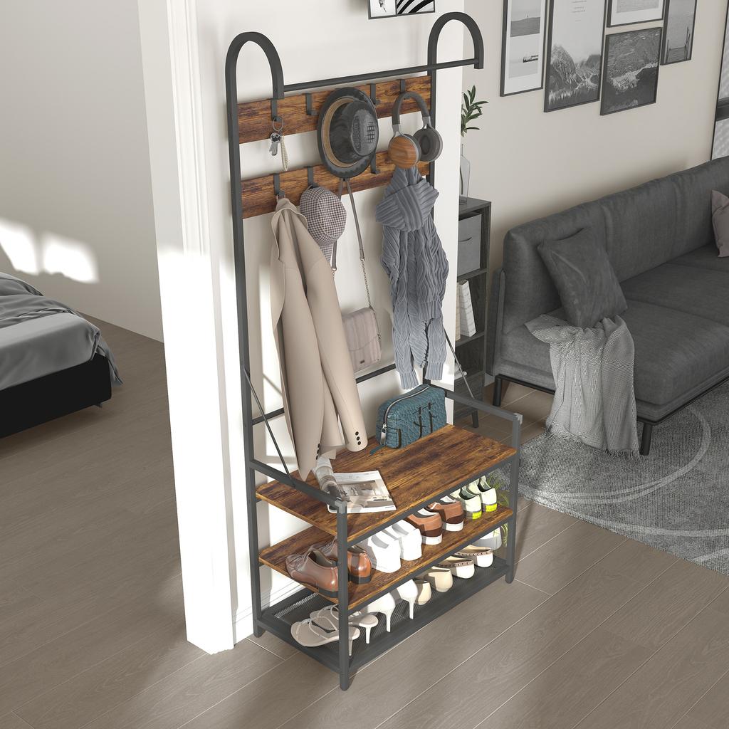 Entryway Coat Rack with Rod, 10 Hooks, Bench and Shoe Rack, in Wood and Metal, 80x40x182 cm, Brown and Black