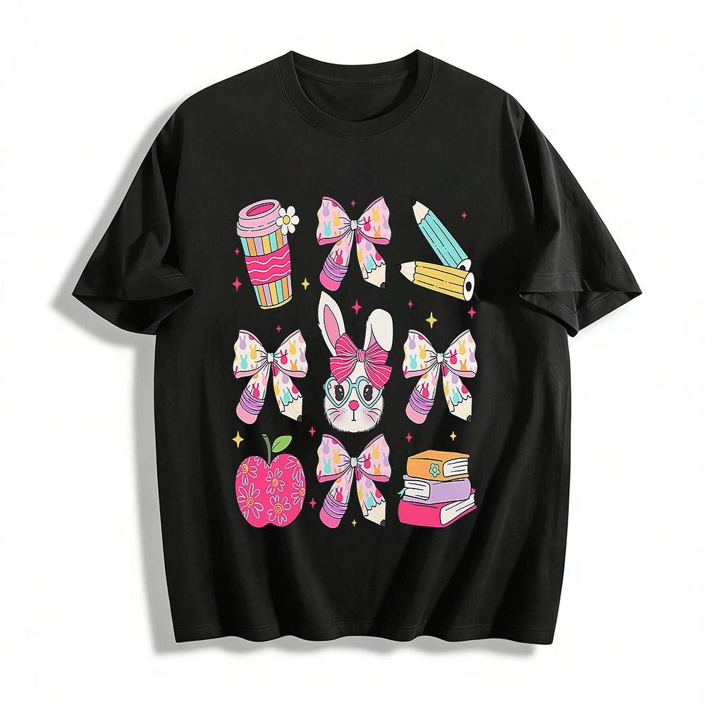 Cute Rabbit Bow Print Top Kids Campus Style Casual T-Shirt Pure cotton T-shirt