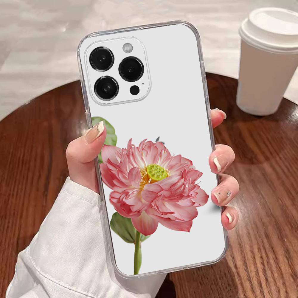 Чехол для телефона с принтом пионов и лотосов Для iPhone 17,16,15,14,13,12,11 Plus,Pro,Max,XR,XS,Plus,E,SE4,Mini Прозрачный чехол