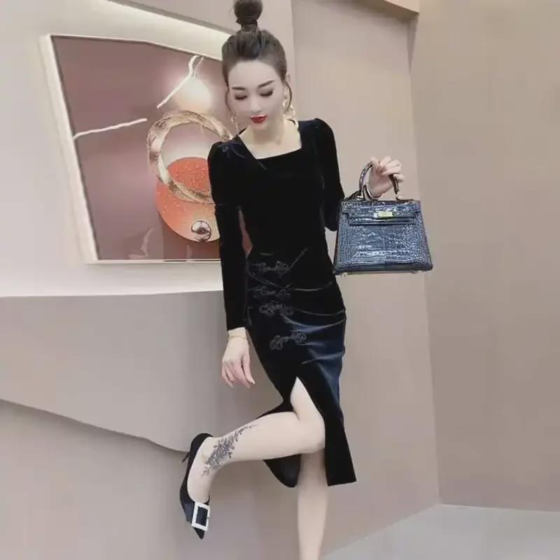 Женское платье с разрезом из черного золотого бархата: 2024 Осень/Зима Чонсам, юбка в стиле ретро