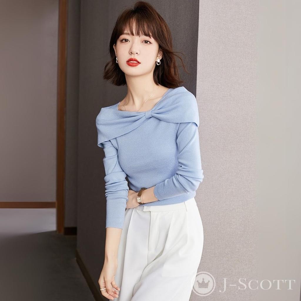 J-Scott Boat Neck Knit Top with Ribbon Motif, Lightweight, Soft, Slim Fit, 1/4 Sleeves, Blue, JS112-BL-XL