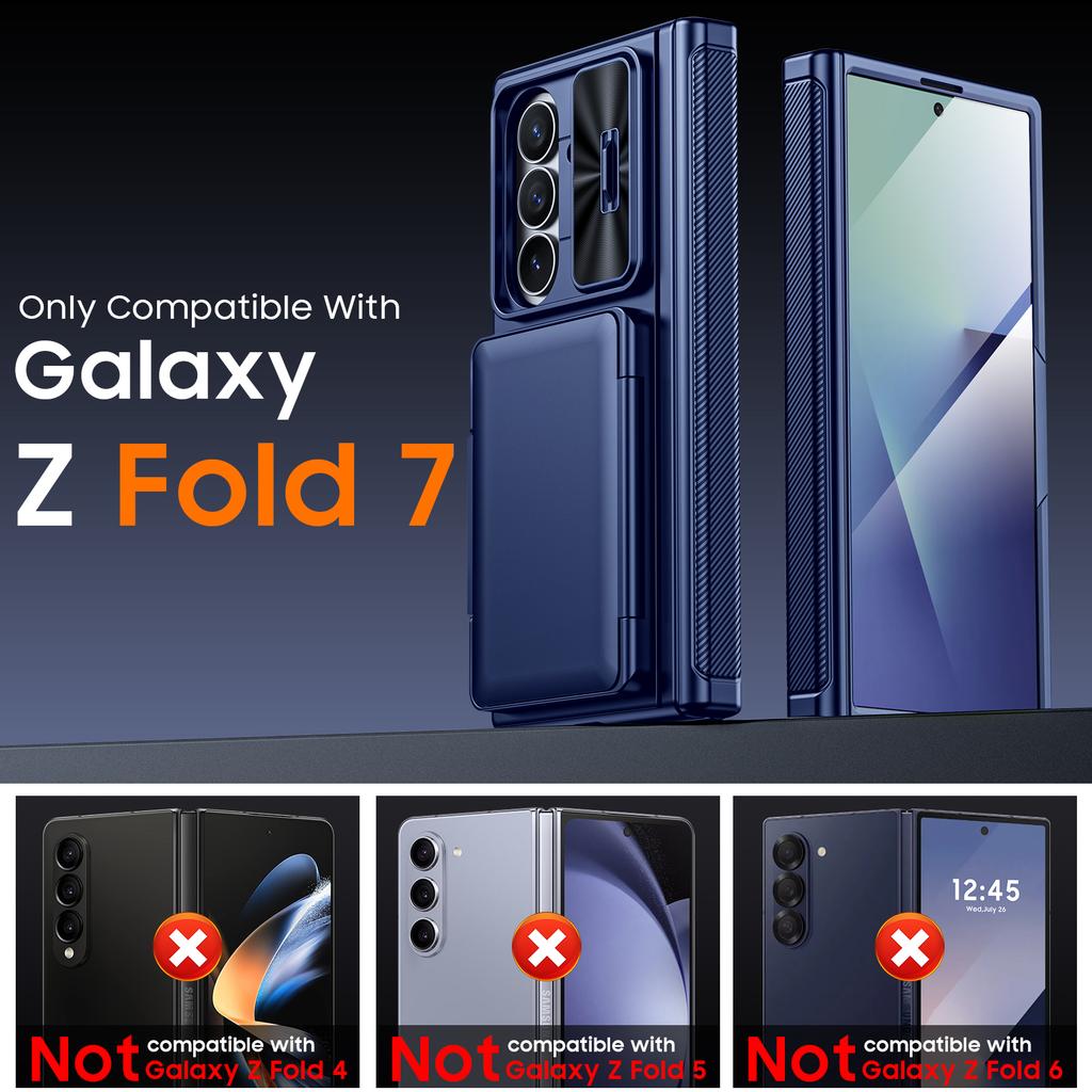 Galaxy Z Fold 7 Wallet Case with RFID Blocking Card Slot Sliding Camera Cover and Hinge Protection-Blue