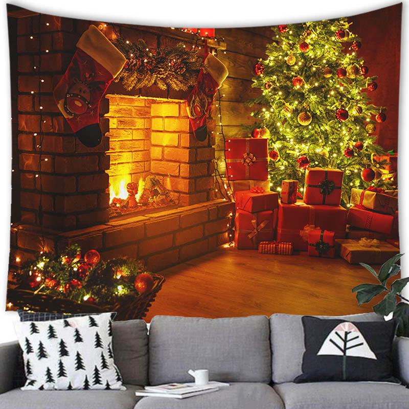 Merry Christmas Christmas Tree Fireplace Printed Pattern Tapestry Home Living Room Bedroom Background Wall Decoration Tapestry