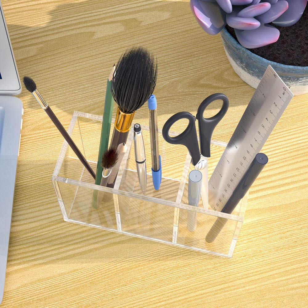 NIUBEE Pen Holder, 3 Compartments, Clear Acrylic, Pen Stand, Cosmetic Storage Box, Desktop Storage for Stationery, Makeup Brushes, and Other Small