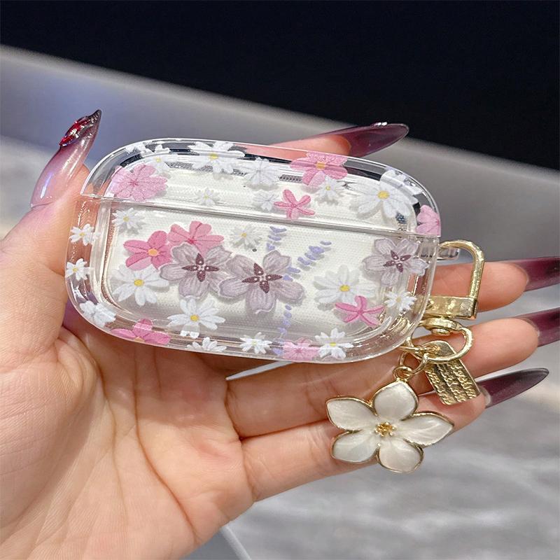 Pink Flowers Pattern Wireless Bluetooth Case for AirPods 4 3 1/2 AirPod Pro and Pro2 Case TPU Headset Protective Cover with Hoo