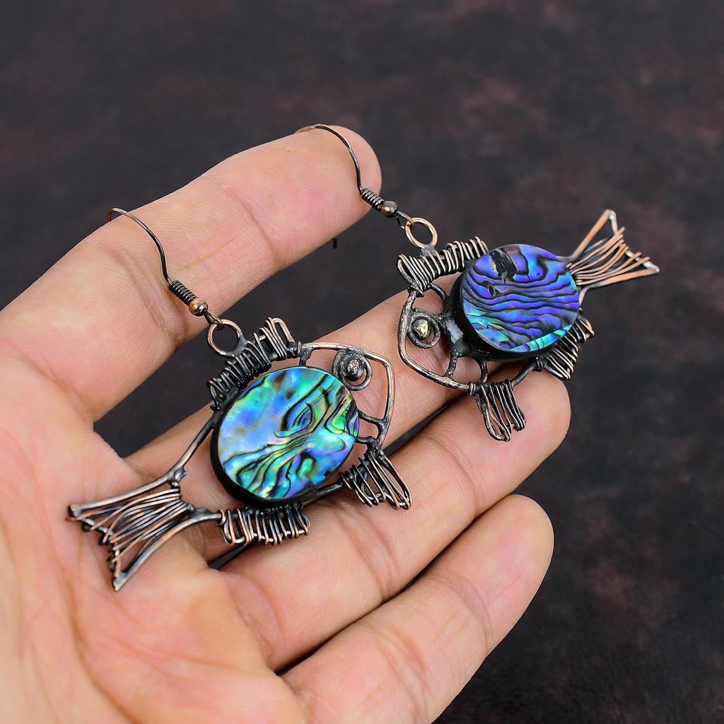 Серьги в виде ракушек из ушка, серьги из медной проволоки, серьги ручной работы с драгоценными камнями, ювелирные изделия из ракушек из ушка, серьги в форме рыбы, медные ювелирные изделия, подарки для нее
