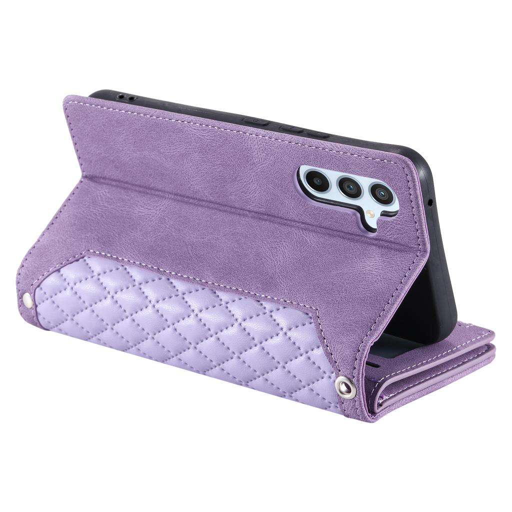 For Samsung Galaxy S25 FE Wallet Case Rhombus Stitching Line PU Leather Phone Cover with Wrist Strap