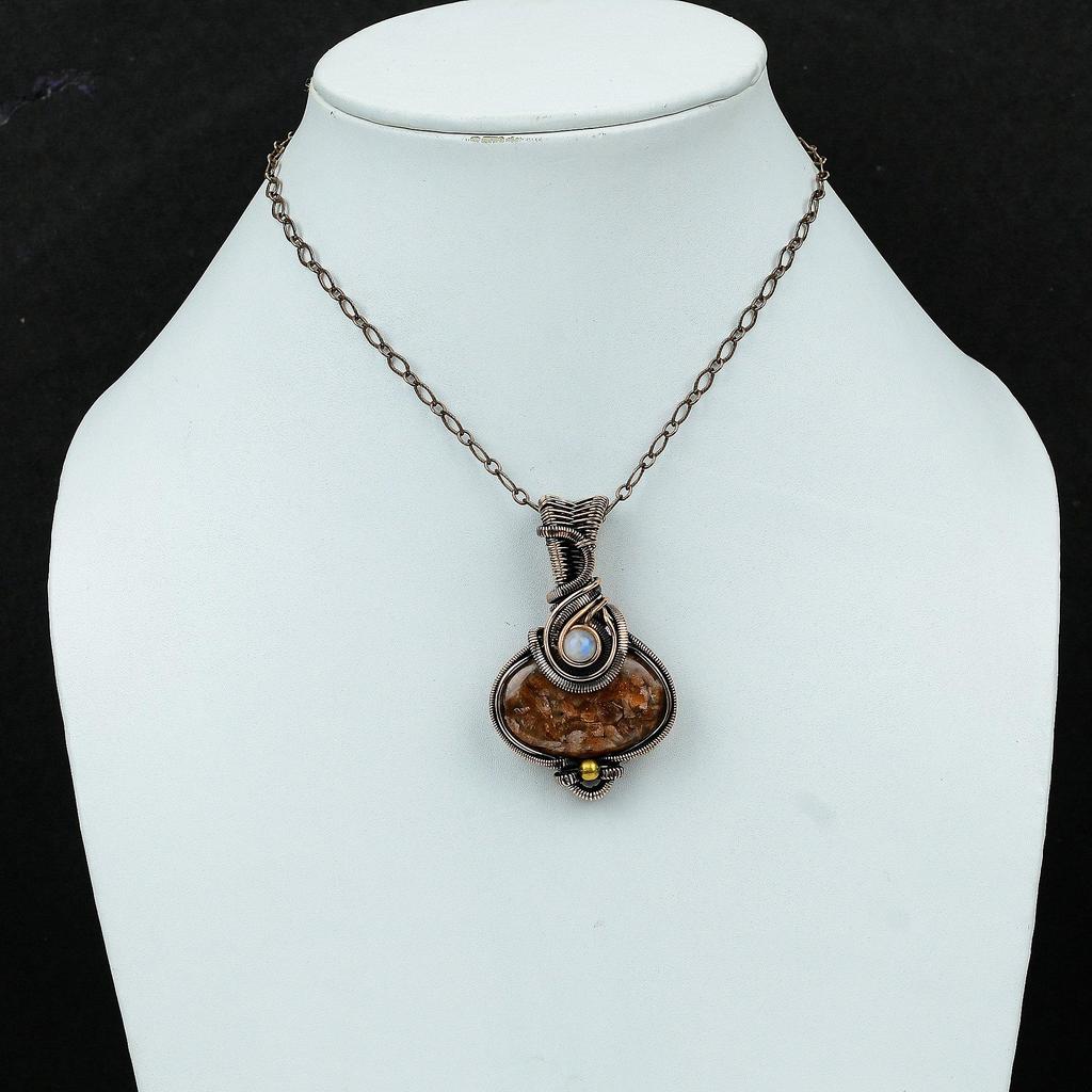 Подвеска из драгоценного камня Sunstone, подвеска из медной проволоки, подвеска из радужного лунного камня, ручная работа, медные украшения, подарок для женщин, ювелирные изделия из проволоки