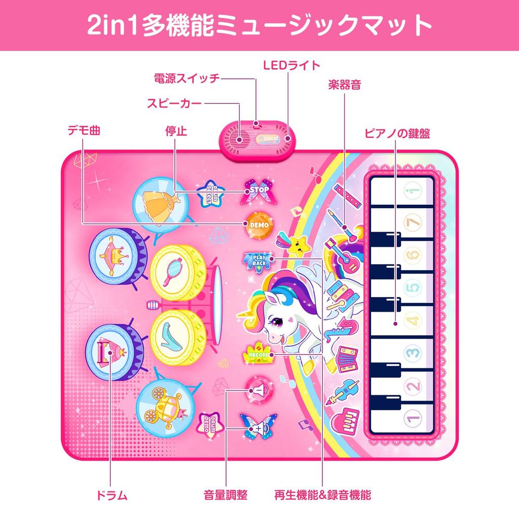 Piano Mat Toy Drum Set Multifunctional Music Mat Foldable Music Mat 8 Keys 17 Demo Songs 8 Types of Instrument Sounds Recording Playback Volume