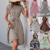 Women's Short Sleeve Geometric Print Dress with Belt, Casual Round Neck A-Line Dress, Flowy Summer Dress In Multiple Colors