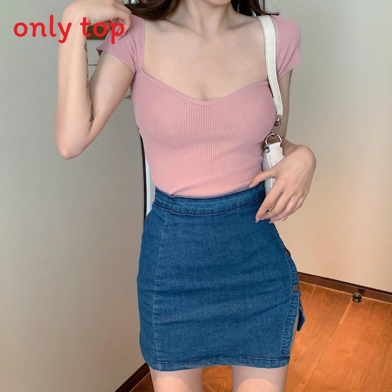 Womens Short Sleeve Knit Top With Splicing Design For Summer Casual Wear