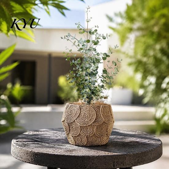 Indoor Outdoor Planter Cement Flower Pot, Boho Plant Pot with Drainage Hole, Handcrafted Decorative Rope Texture for Plants, Porch Garden Decor Hole