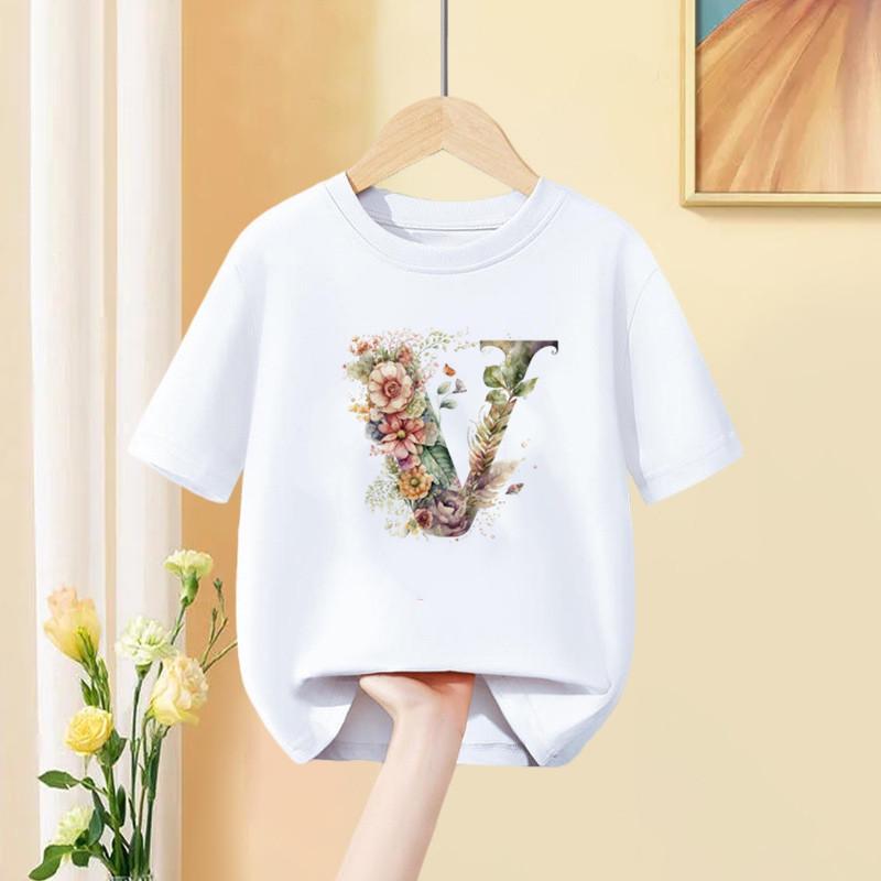 Девочки Футболка С Пользовательским Именем Комбинация Букв Принт Футболка Цветочный Буквенный Шрифт A B C D E F G Короткий Рукав Детские Розовые Топы