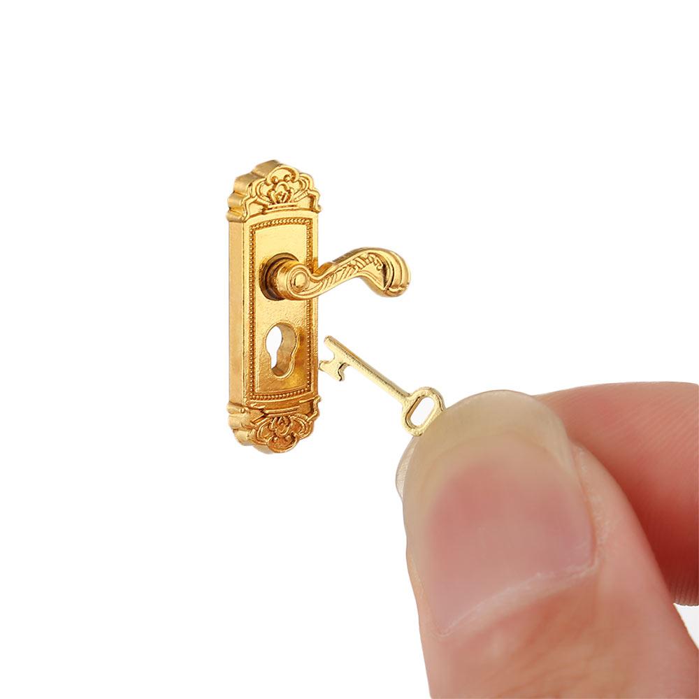 Style Keyhole Plate Dollhouse Lock Key Set Miniature Door Handles Brass Knobs Mini Furniture Pull
