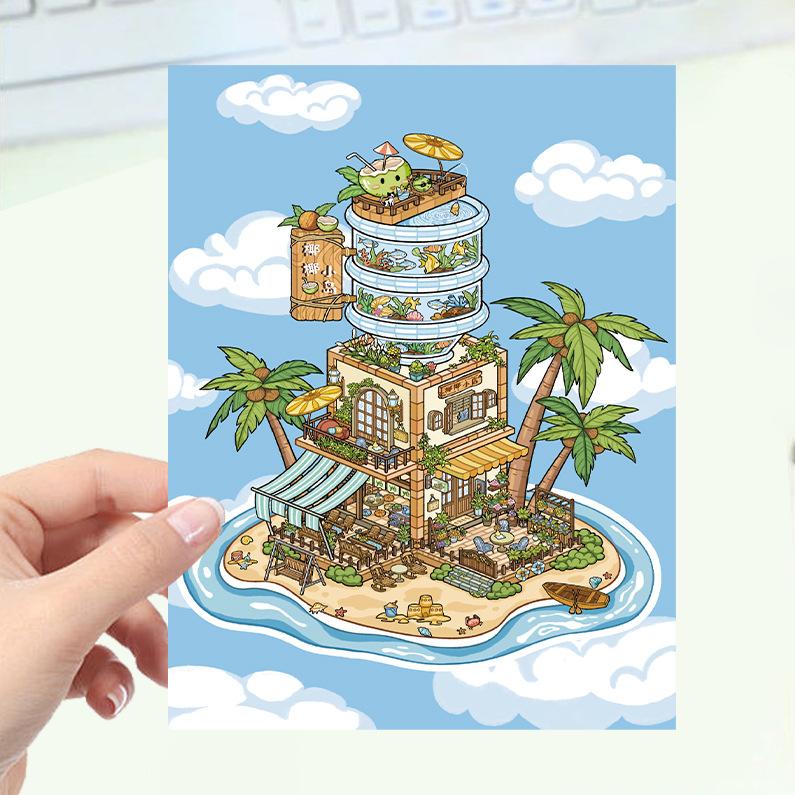 Cartoon Landscape Stickers Multiple Miniature World 3D Hut Unzip DIY Scene Manual Post