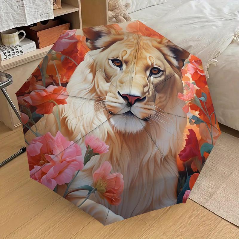 1pc Lion Floral Print Automatic Folding Umbrella, Heavy-Duty 8-Rib Construction, Perfect for Everyday yy251114112