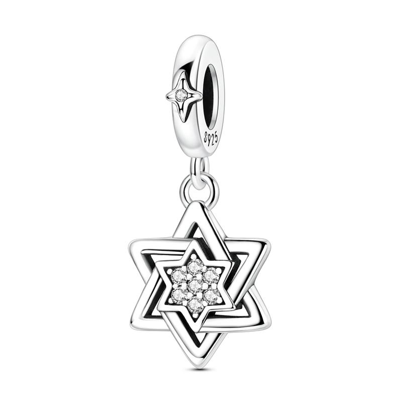 Original 925 Sterling Silver Charm Bead Hexagram Starburst Pendant Fit Original Bracelet Necklace For Women Men DIY Jewelry Gift