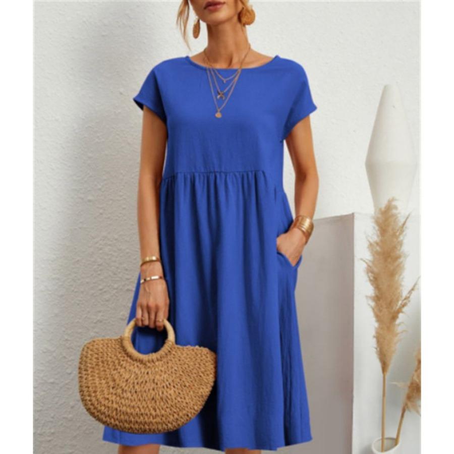 Модное женское свободное хлопковое льняное летнее платье с коротким рукавом и круглым вырезом
