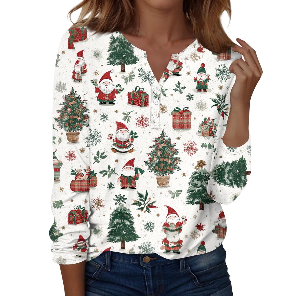 Женская мода Повседневная футболка с V-образным вырезом, длинными рукавами и декоративными пуговицами