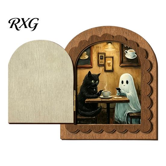 Decorative Halloween Fireplace Accent Cute Ghost Door Ornaments, Vintage Miniature Decoration, Retro Arched Tabletop Decor 3 Layer Openable