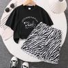 Girls Suit Summer Children's Clothing New Cartoon Letters Short-sleeved Top + Casual Zebra Print Shorts Two-piece Suit