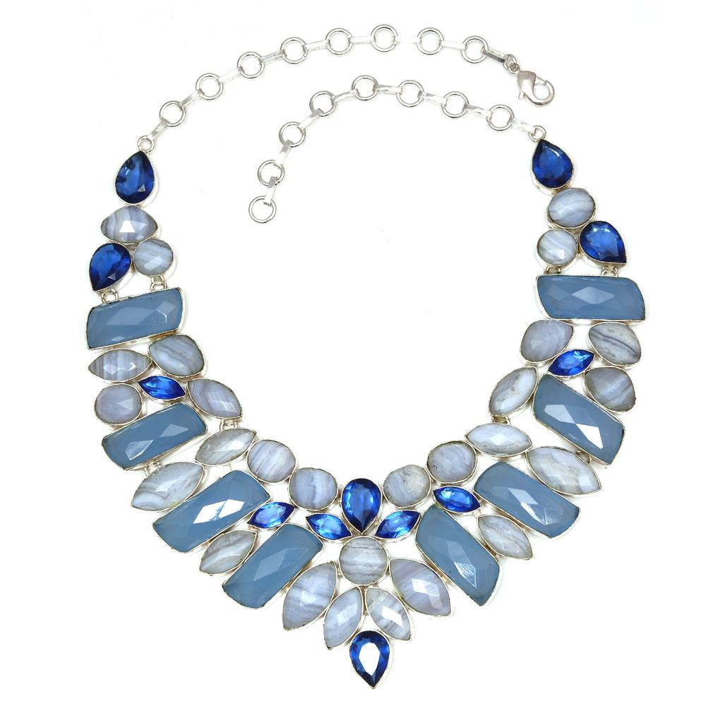 Комплект украшений из граненого синего кружевного агата и швейцарского синего кварца, колье 16-18 дюймов