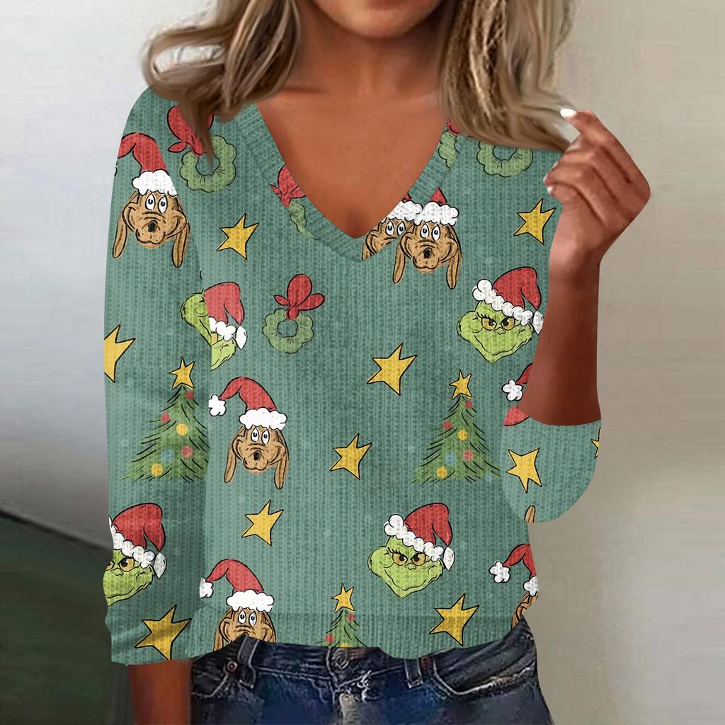 Women's Cute Sweatshirt Knitted Fashion Casual V-neck Long-sleeved Cozy Print Top