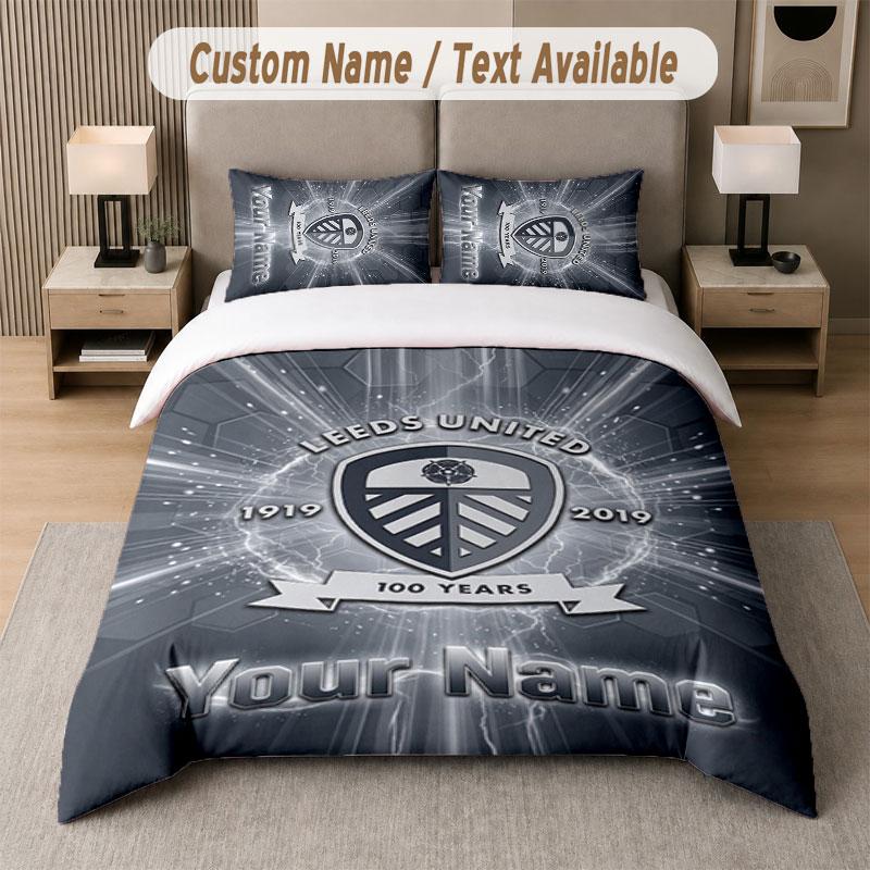 Custom Bedding Set Leeds United Pattern, Print Name Text 1 Duvet Cover plus 2 Pillowcases Home Textile
