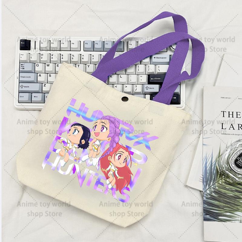 KPop Demon Hunters GIRLS Canvas Shopping Bags Women Cotton Tote Bags Reusable Cartoon Letter Shoulder Bag Grocery Handbag Beige